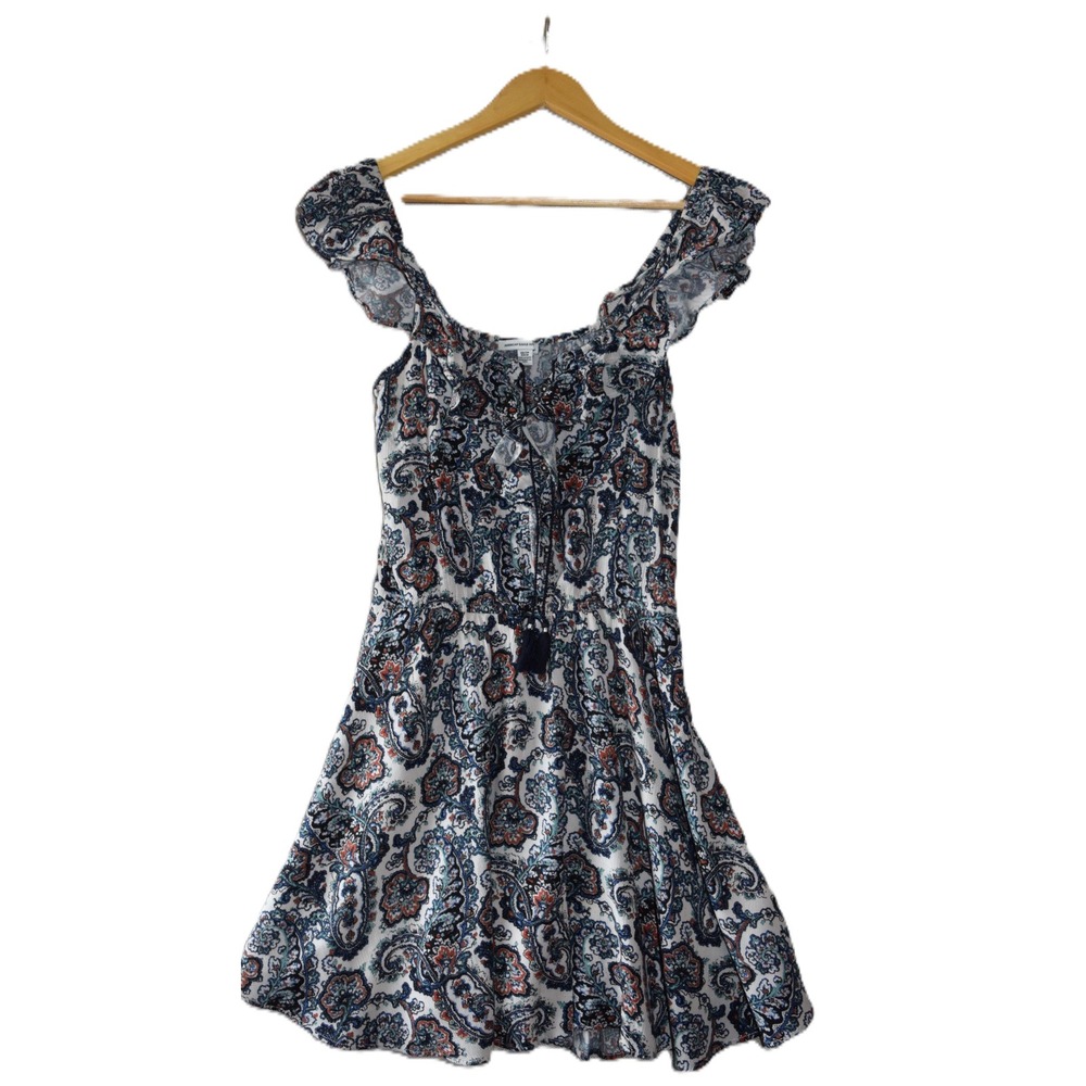 American Eagle Paisley Mini Dress Womens XS Blue Orange Ruffle Boho Excellent